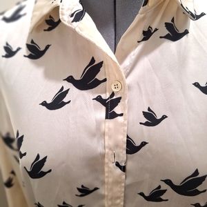 Off White Satin Blouse W/Black Birds Size Small